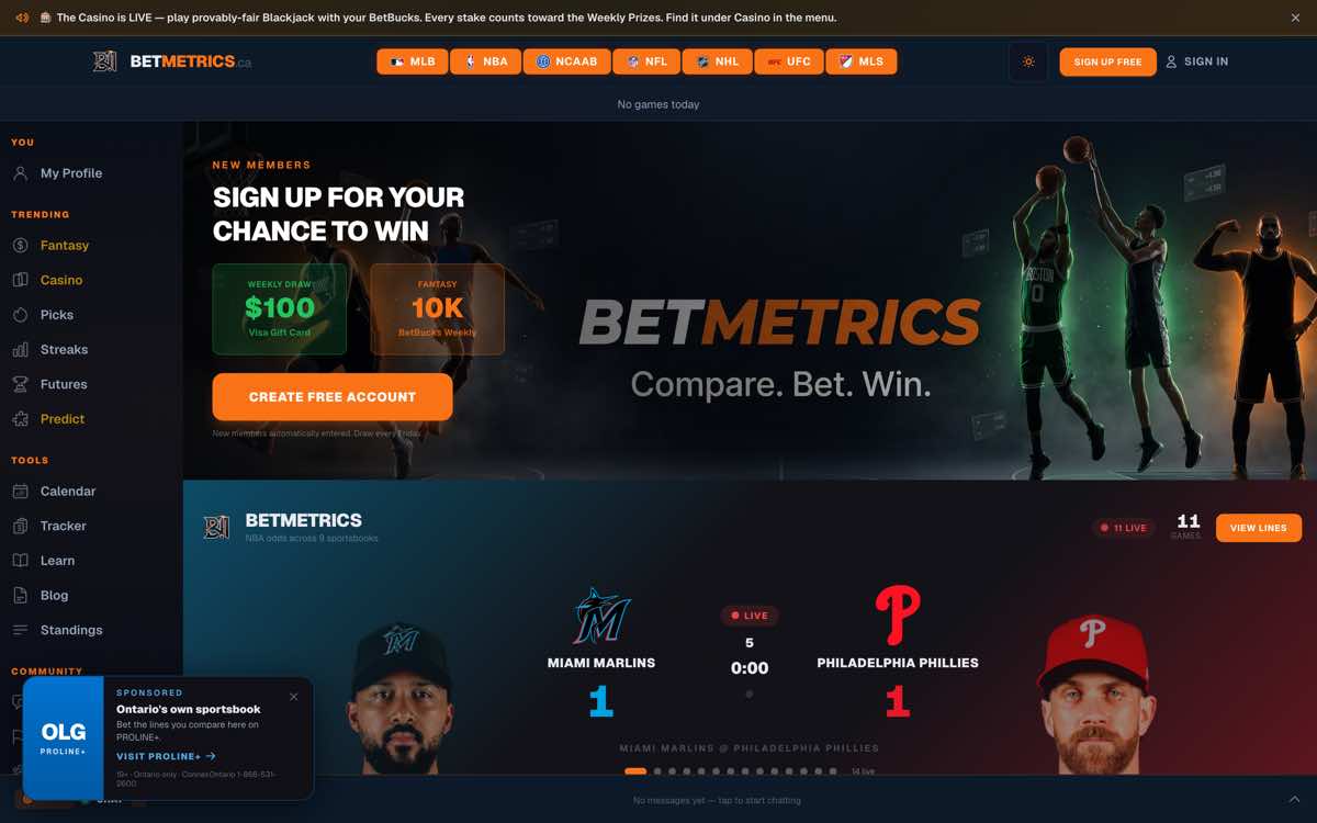 The BetMetrics live odds board, showing matchups and prices across sportsbooks.
