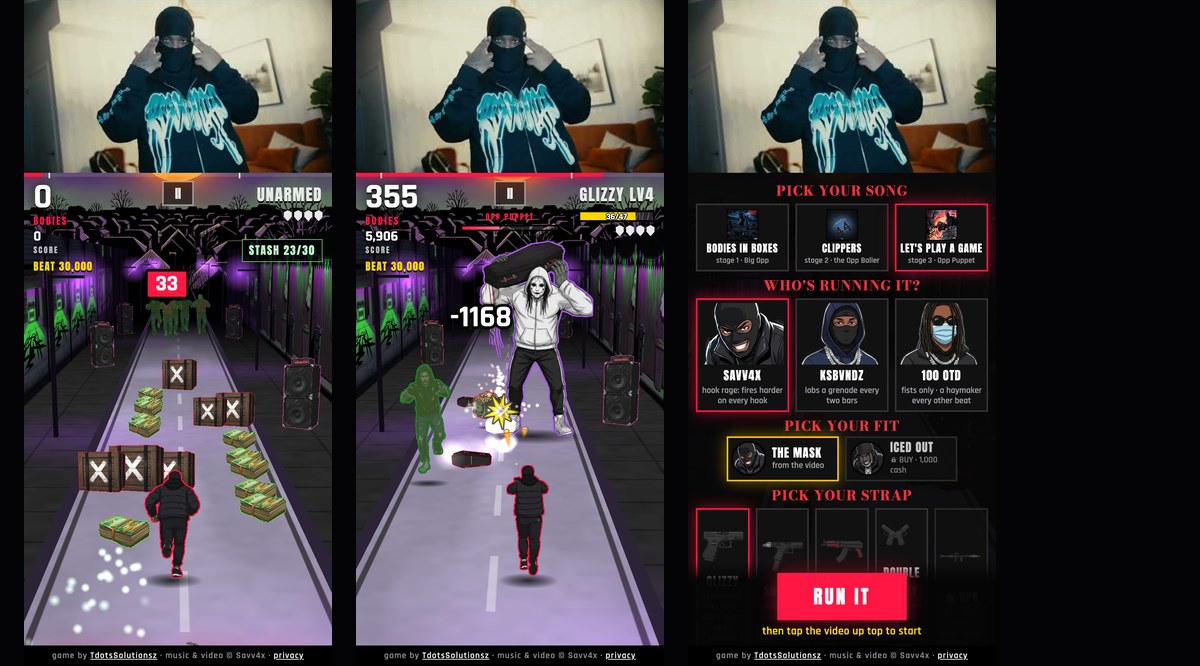 Frames from Bodies In Boxes: a run on a purple street, the Opp Puppet boss fight, and the song and character select screen. The official music video plays above each run.