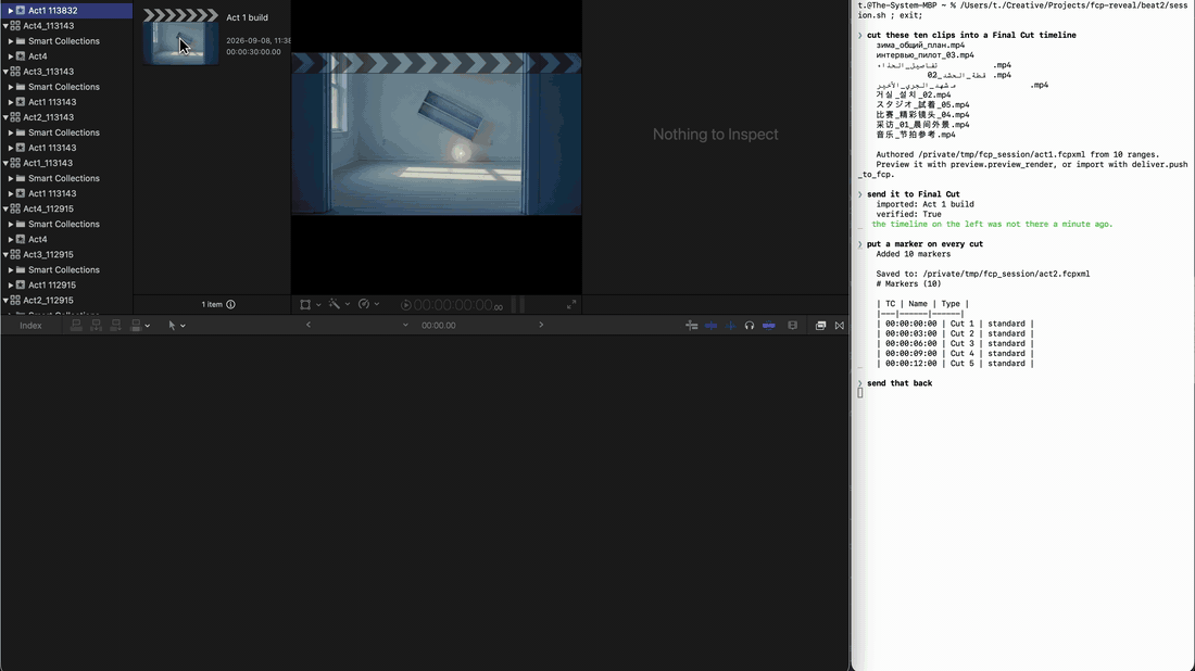 fcp-mcp-server driving a running copy of Final Cut Pro: a ten clip timeline read back off the document, a marker placed on every cut, then dialogue, music and effects roles assigned across the clips.