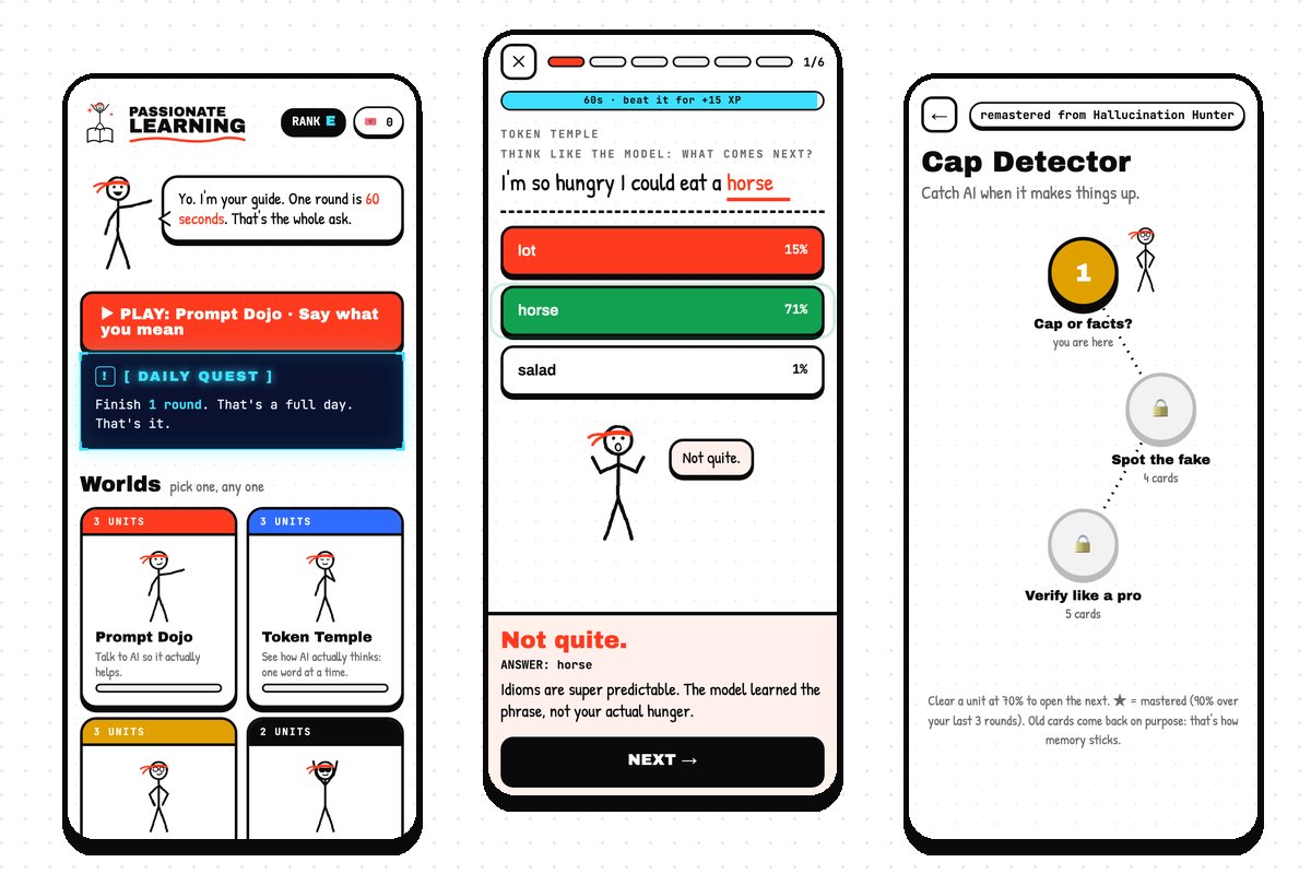 Passionate Learning on a phone: the map, a card with the stickman reacting, and a world path